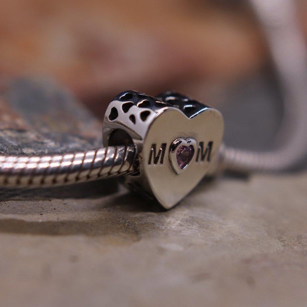 Heart MOM Bracelet Charm with Pink Stone - S925 Sterling Silver Fits Pandora
